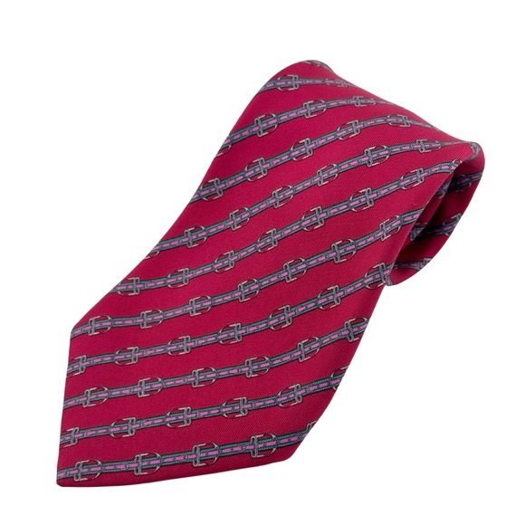 Hermes Other - Hermes 100% Silk Mens Neck Tie Red Diagonal Belt Print Pattern 812 Luxury France